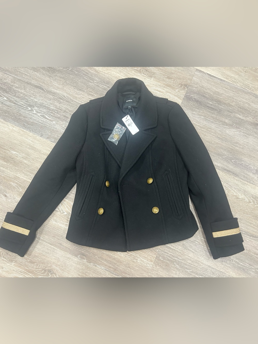 NWT Express Black Double-Breasted Peacoat with Gold Accent Trim